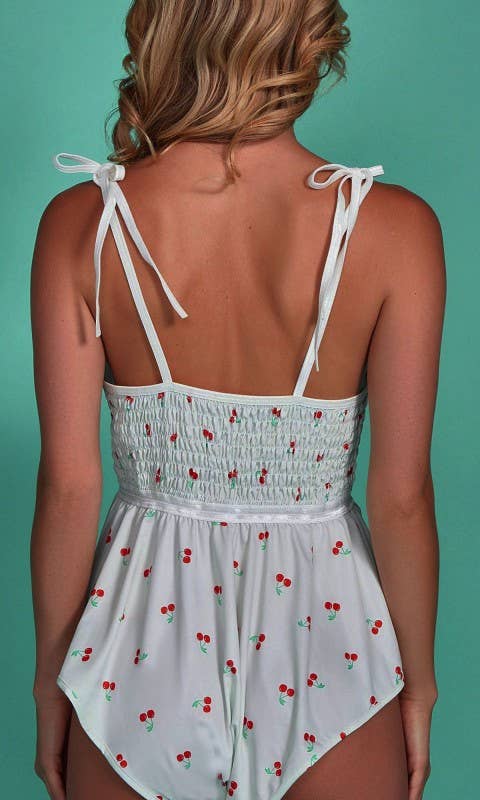 Cherry Pickin’ Satin Teddy Trimmed in Red Lace