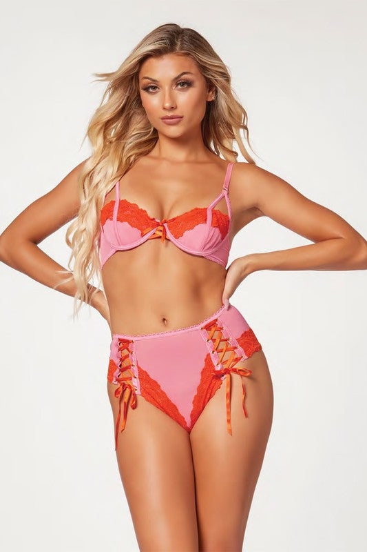 Donna Di Capri Lace and Mesh Bra and Boyshort 2-piece Set