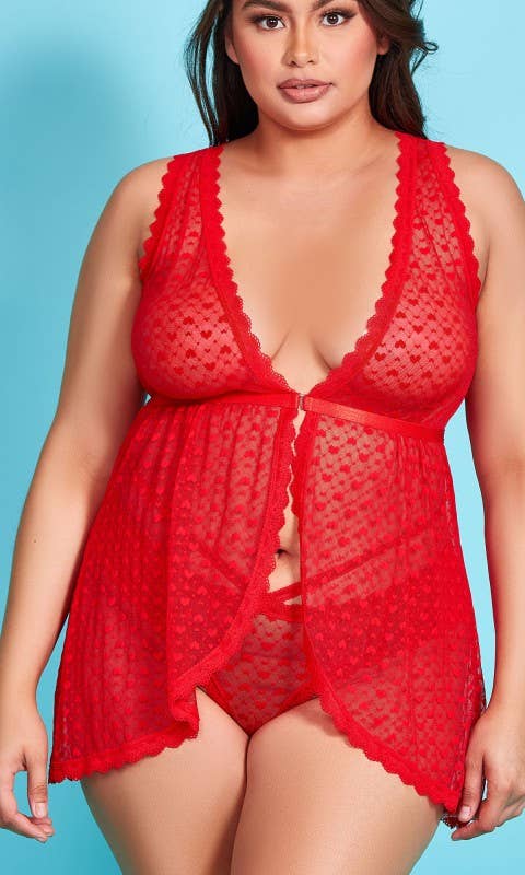 Dalia Hearts and Ruffles Mesh Babydoll and Hipster Set
