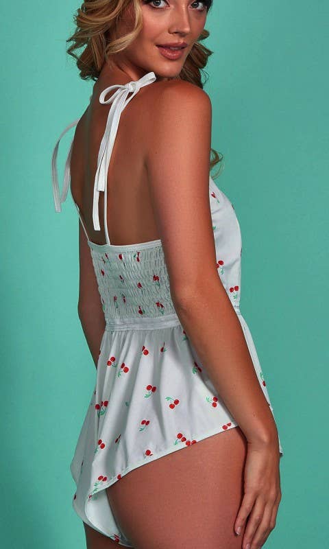 Cherry Pickin’ Satin Teddy Trimmed in Red Lace