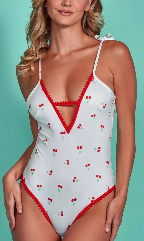 Cherry Pickin’ Satin Teddy Trimmed in Red Lace