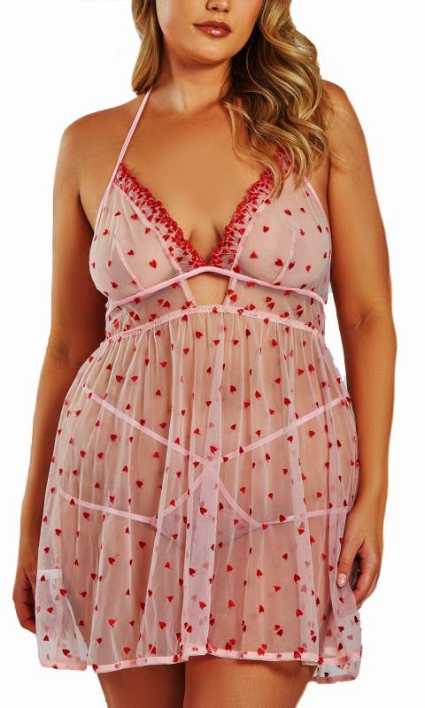 Vivian Embroidered Hearts Babydoll Set - Plus