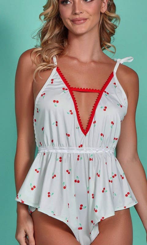 Cherry Pickin’ Satin Teddy Trimmed in Red Lace